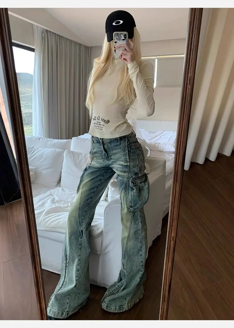 BXOXO Y2k Vintage T Shirt Women Turtleneck Skinny Long Sleeve Print Letter Tops Streetwear 2000s Japanese Grunge Tops Autumn