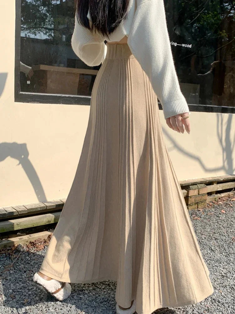 Bxoxo Knitted Long Pleated Skirt Autumn and Winter Elegant Temperament Skirts for Women Fashion Versatile High-waisted Long Skirt