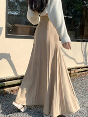Bxoxo Knitted Long Pleated Skirt Autumn and Winter Elegant Temperament Skirts for Women Fashion Versatile High-waisted Long Skirt