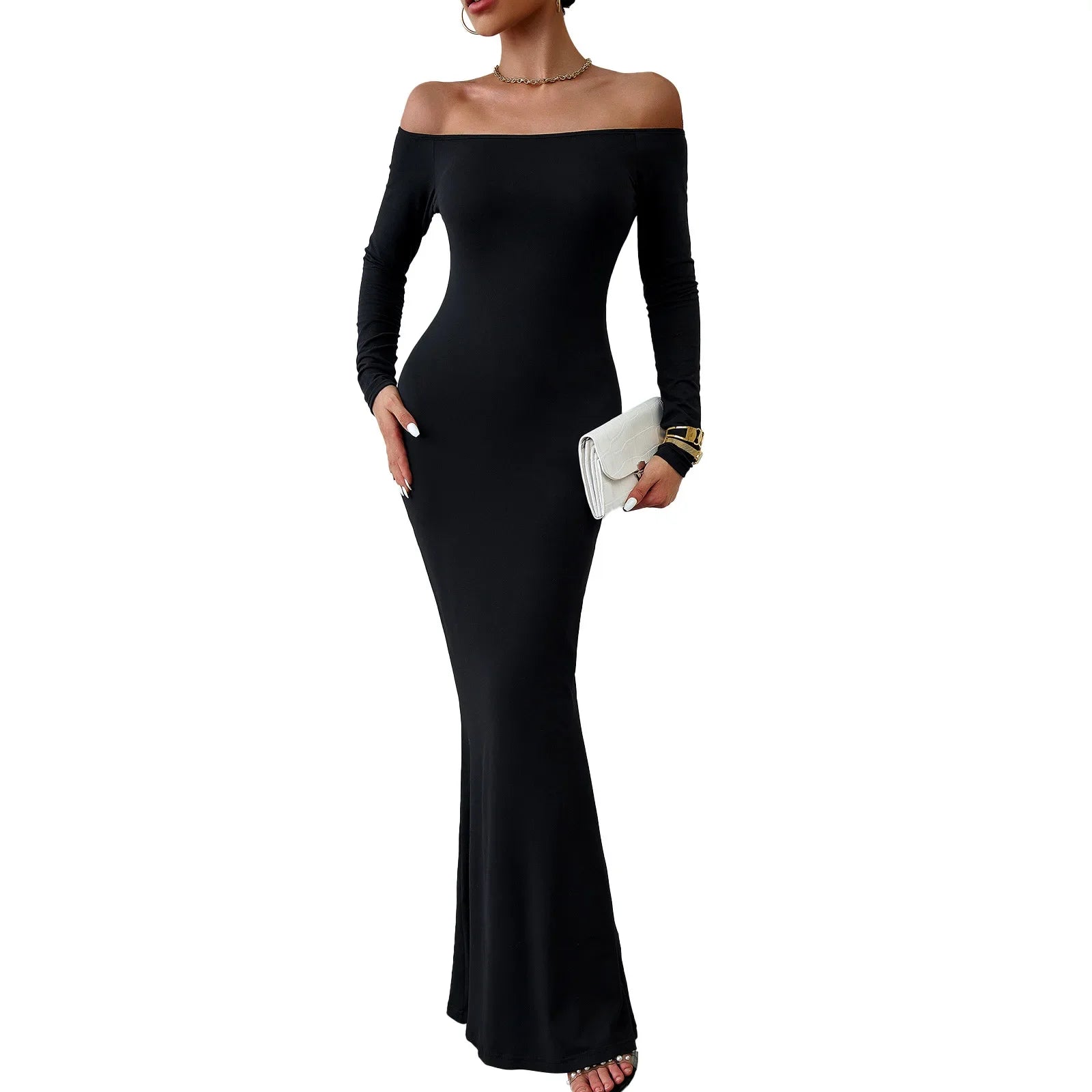 BXOXO Slash Neck Long-sleeved Sexy Dress Solid Autumn Dress for Women Elegant Party Evening Dress Slim Long Dresses Casual Bodycone