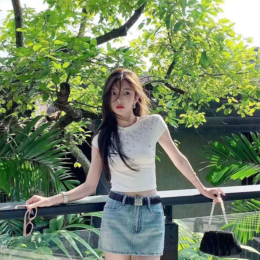 Bxoxo Cotton Short Sleeve T Shirt for Women Summer Sexy Slim 3D Artificial Diamond Inlay Crop Tops Y2K Harajuku O Neck All-Match Tees