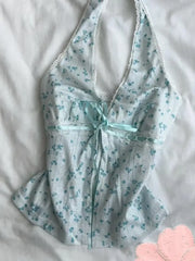BXOXO Sexy Halter Flower Print Y2k Goth Woman Clothing Sweet Lace Bow Punk Sling Vintage Harajuku Crop Top Korea V-Neck Summer 90s Tee