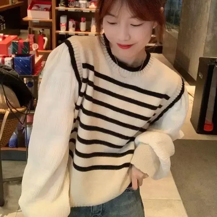 Bxoxo women Black and white striped fake two-piece knitted sweaters pring and autumn Korean soft glutinous pullover sweater female