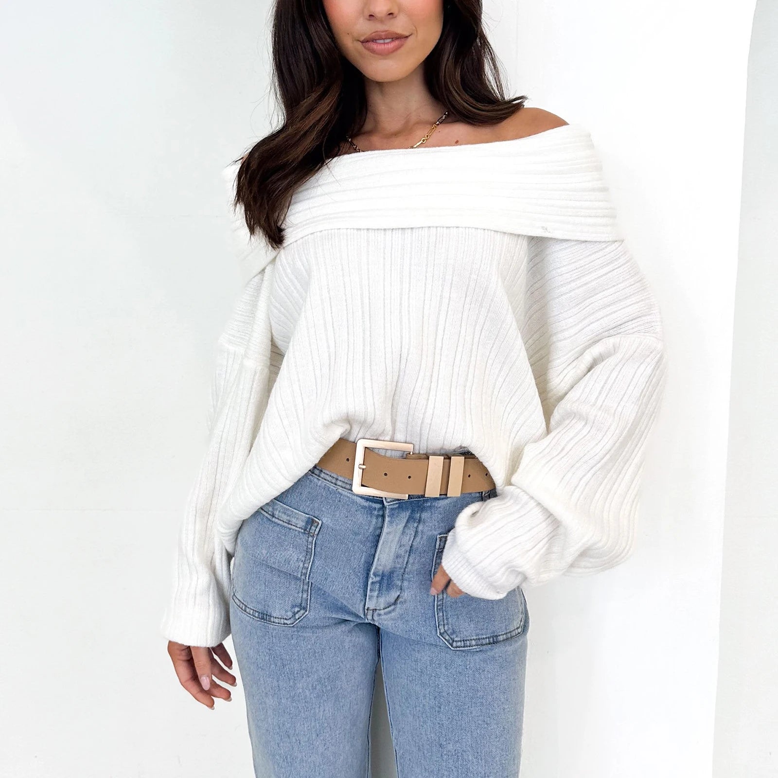 BXOXO Elegant Womens Off Shoulder Sweaters Casual Oversized Batwing Sleeve Sweatshirt Fall Pullover Knit Tops Blouse Outwear