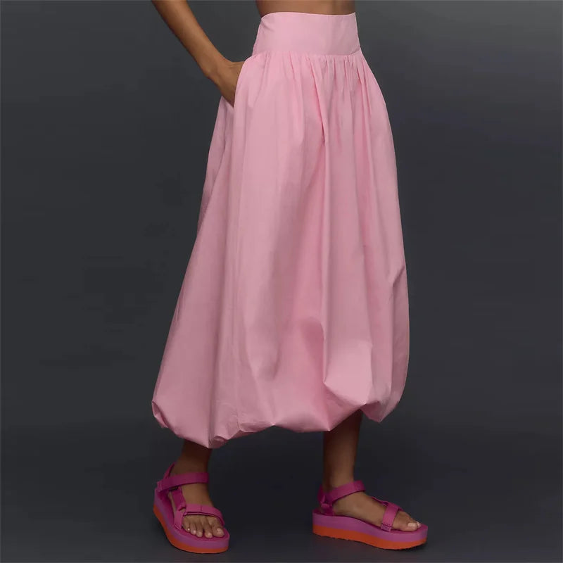 Bxoxo Skirts y2k Women Summer Elegant Solid Color High Waist Loose Fitting Long Bubble Skirt Office Ladies Skirts Streetwear
