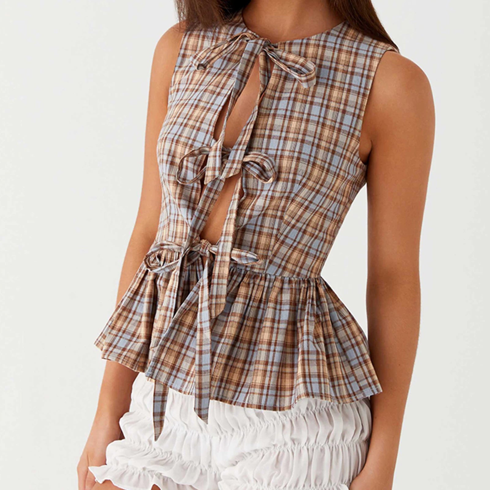 BXOXO Women Y2k Babydoll Tank Top Vintage Tie Side Plaid Sleeveless Peplum Cami Top Summer Going Out Crop Top Streetwear