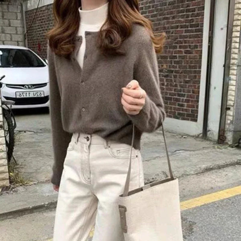 BXOXO Cold Weather Outfits Fall Solid Color Knitted Cardigan Women Korean Single Breasted Long Sleeve Jumper Woman Round Neck All Match Sweater Outwear Top