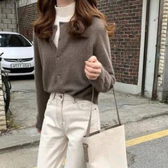 BXOXO Cold Weather Outfits Fall Solid Color Knitted Cardigan Women Korean Single Breasted Long Sleeve Jumper Woman Round Neck All Match Sweater Outwear Top