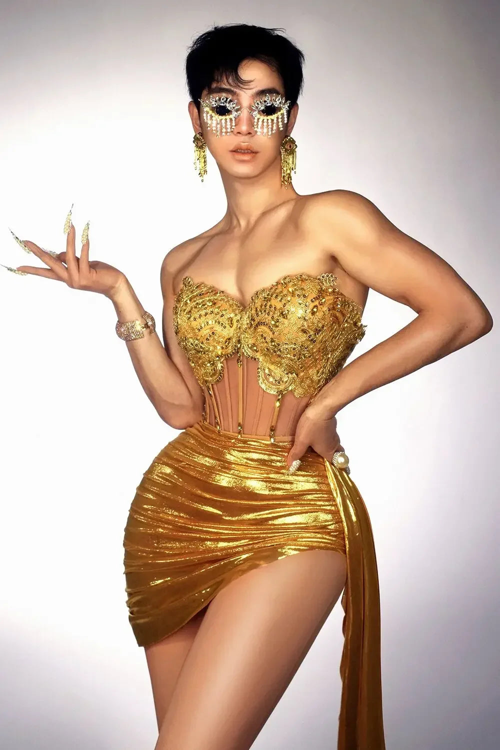 BXOXO Gold Color Women Sexy 2 Pieces Strapless Bodycon Mini Dress Bar Singer Nightclub Party Celebrate Birthday Dress Wholesale
