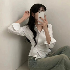 Bxoxo Striped Women Shirt Korean Version Design Irregular Waist Shirts Spring and Summer Preppy Style Long Sleeved Slimming Top