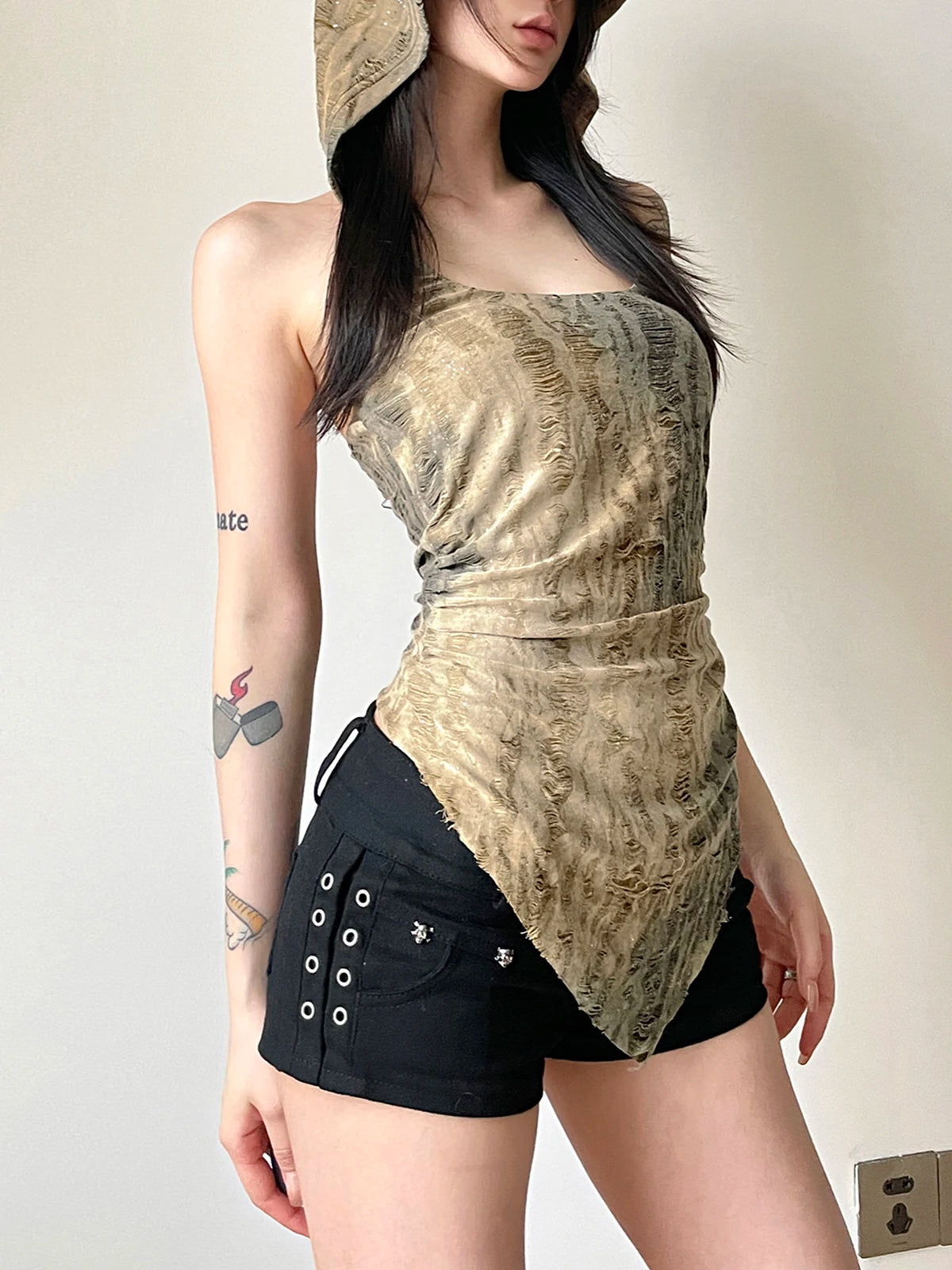 Bxoxo Y2k Aesthetics Pleated Shirt Fairycore Lace Up Blouse Trashy 2000s Style V-neck Shirt Irregular Japanese Harajuku 90sWaste Soil Style Hooded Backless Tank Tops Casual Slim Square Collar Sleeveless Asymmetrical Tops Wome