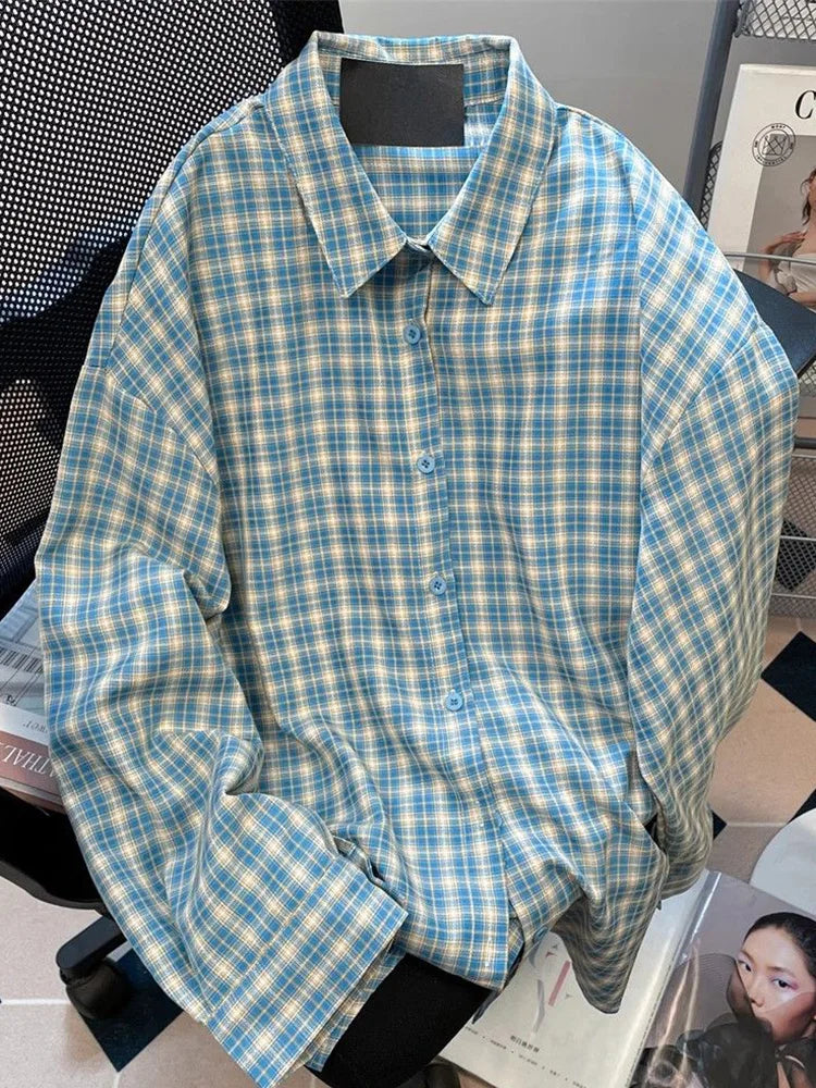 Bxoxo Retro Blue Plaid Shirt Women Casual Fall Long Sleeve Harajuku Retro Blouse Japan Preppy Style Female Turn Down Collar Tops