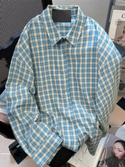 Bxoxo Retro Blue Plaid Shirt Women Casual Fall Long Sleeve Harajuku Retro Blouse Japan Preppy Style Female Turn Down Collar Tops