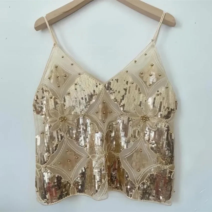 BXOXO Bling Sequined Tanks Tops Women Sexy Beaded Work Mesh Tops Chic Women Sparkly Cami Vest Femme Summer Streetwear