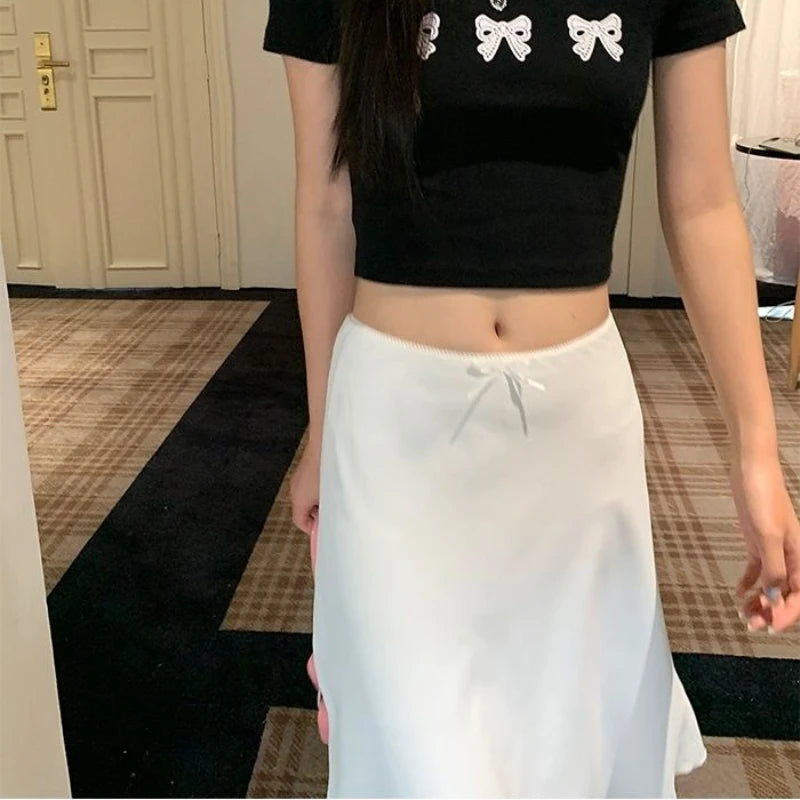 Bxoxo Elegant White Women Satin Skirt Fairycore Ruffle Mid Skirts Coquette A-line Basic Casual Korean Style Summer Silk Skirt