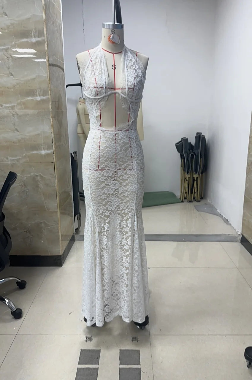 BXOXO Sexy Women's Lace Halter Dress Stylish Solid Mesh Lace Floral See Through Slim Fit Long Bodycon Fishtail Wedding Dress