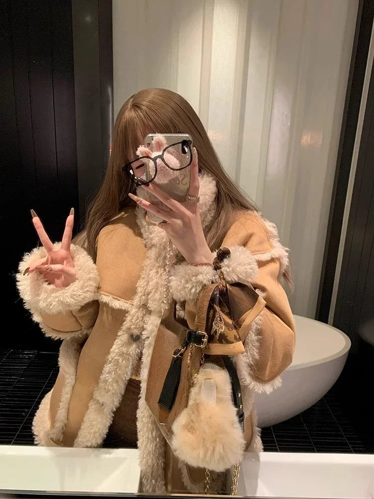 BXOXO Winter Warm Overcoats Women Outwear Casual Y2k Office Lady Vintage Faux Fur Wool Coat Ladies Korean Fashion Khaki Jackets Chic