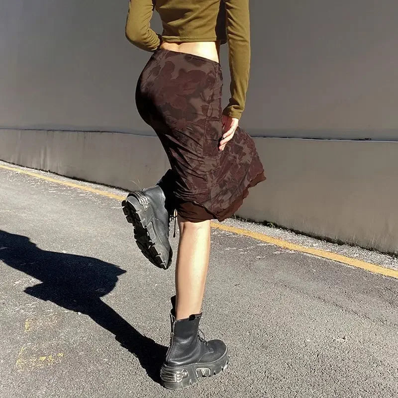 BXOXO Harajuku Vintage Long Skirts Women Floral Print Gothic Retro Skirts Grunge Aesthetic Streetwear Punk A Line Midi Skirt