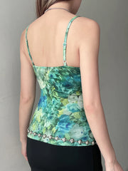 BXOXO French Chic Fashion Elegant Slim Camisole Tops Summer New Green Flower Print Blouses Design Elegant