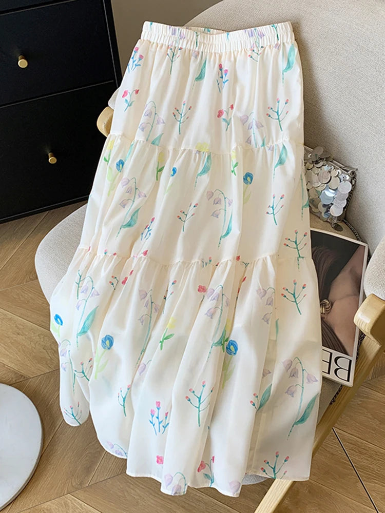Bxoxo Floral Elegant Long Skirts Women Vintage Loose Sweet High Waist A Line Skirt Korean Retro Summer High Quality Long Skirt