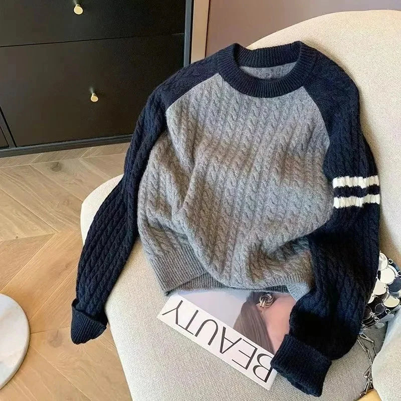 Bxoxo Grey Patchwork Knit Sweaters Women Autumn Winter Thick Loose O Neck Jumpers Y2K Korean Lazy Style All Match Pullovers Mujer