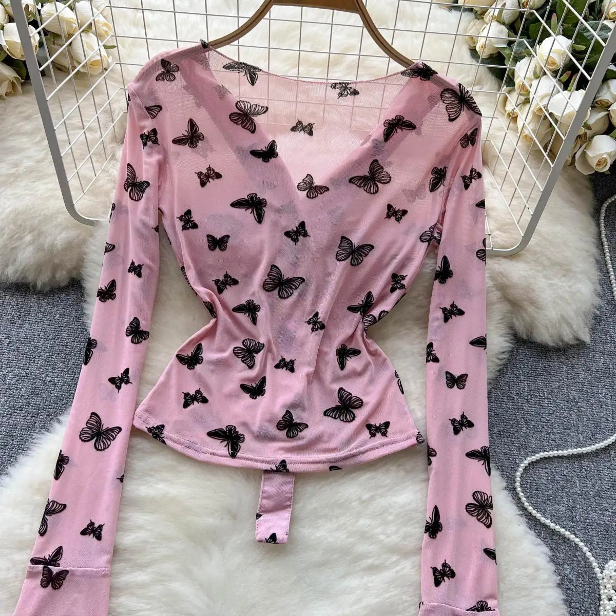 Bxoxo Butterfly Print Blouse Summer Long Sleeve V Neck Y2K 2024 Slim Vacation Ladies High Street Fashion Casual Shirt