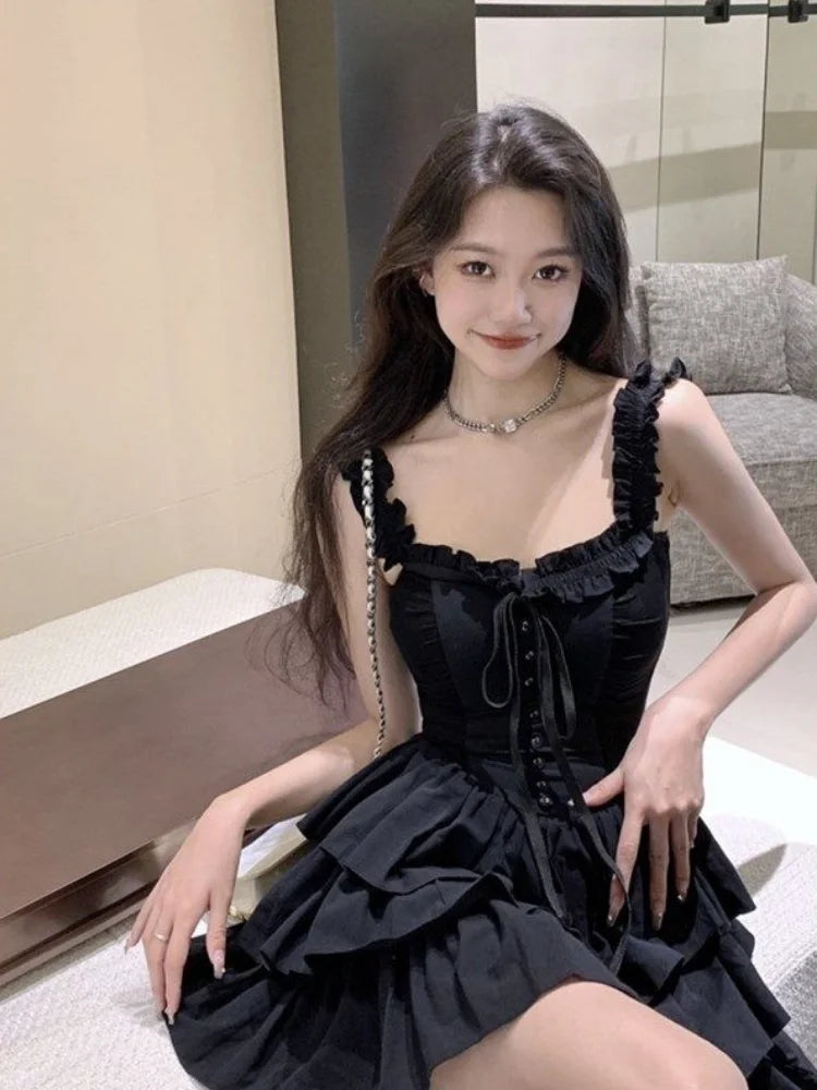 BXOXO Gothic Goth Harajuku Sexy Slip Dress Ruffles Y2k Streetwear Dark Punk Cake Dresses Party Korean Fashion 2023 Summer