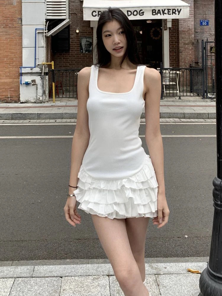 Bxoxo Black Sweet Camis Dress Women Summer Fashion Ruffle Patchwork Streetwear Tutu Dress Sexy Slim Sleeveless Mini Vestidos Female