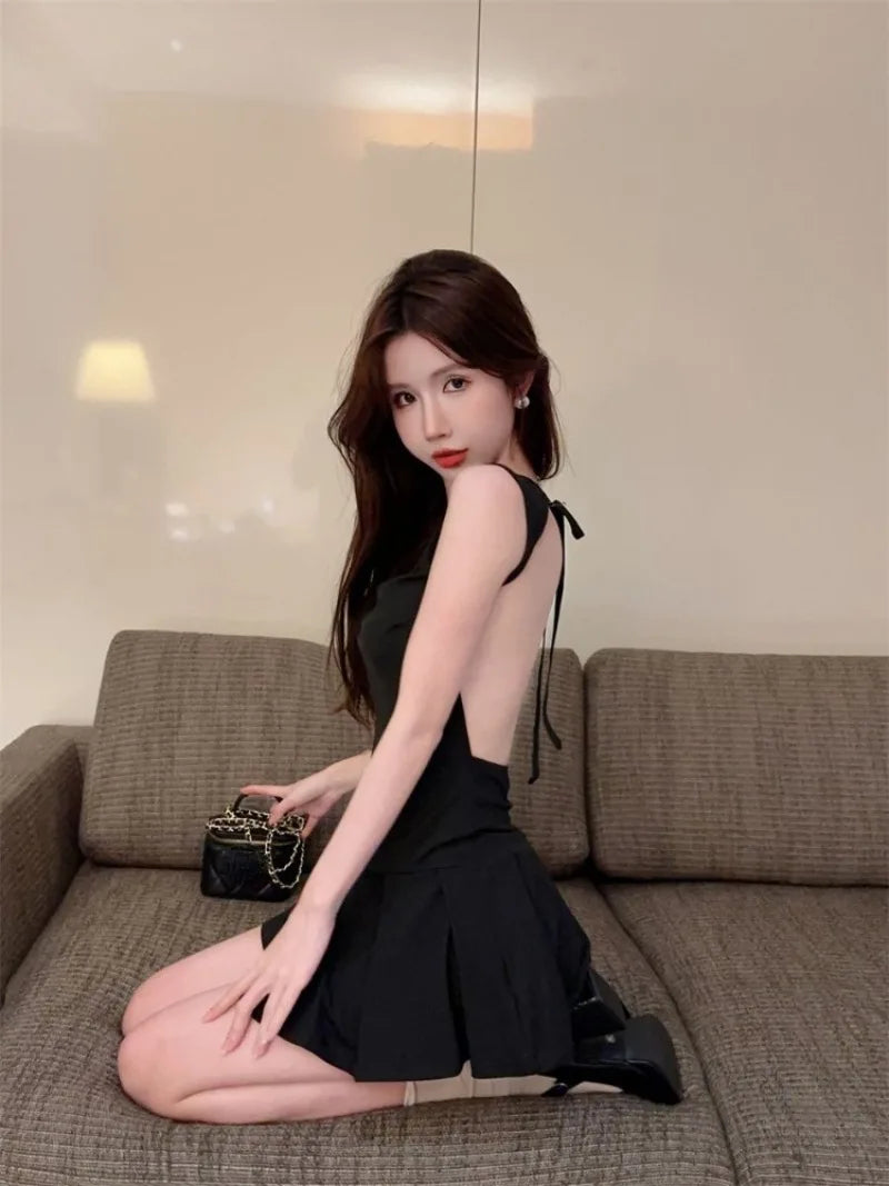BXOXO Fashion Sexy Backless Lace Up Black Dresses Y2k E-Girl Slim Waist Dress for Women 2025 Summer New A-line Vestidos Mujer