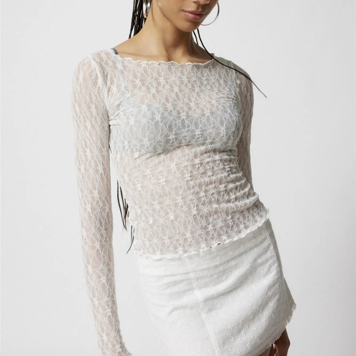 BXOXO Vintage Asymmetric Slim Fit Crop Tops Fairy Coquette Floral Lace Sheer Tshirt Tops Summer Long Sleeve T Shirts Women
