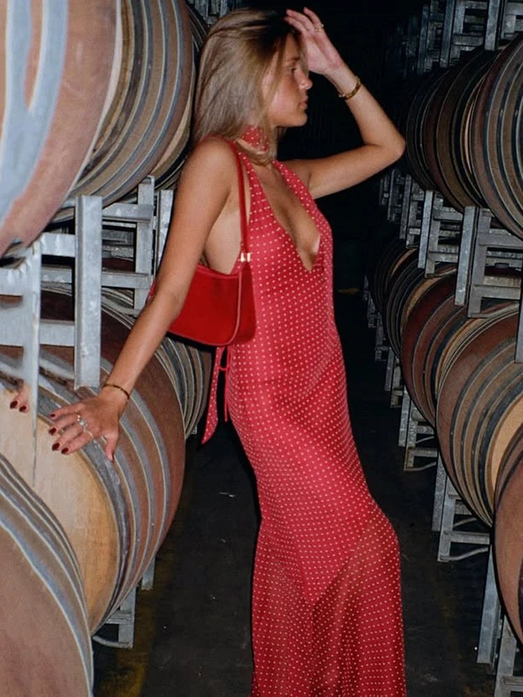 BXOXO  Halter Polka Dot Maxi Dress For Women Elegant Deep V Neck Backless Lace-up Bodycon Club Party Long Dress Vestido