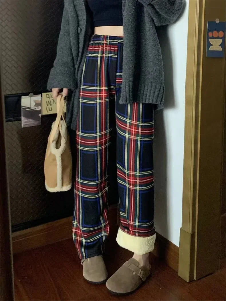 BXOXO Fashion Warm Plush Pants Cashmere Thick Plaid Ladies Winter Casual Loose Wide-legged Pants Korean Streetwear Students