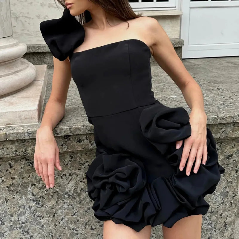 BXOXO Women Mini Dress Sexy Strapless Sleeveless Ruffles Dresses High Waist One Shoulder Elegant White Temperament Bodycon Vestidos