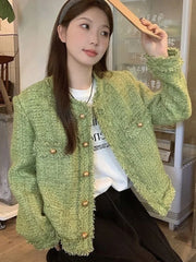 Bxoxo Sweet Green Tweed Jackets Women Vintage Long Sleeve Casual Coat Korean O Neck Fall Winter Retro All Match Elegant Outwear Tops