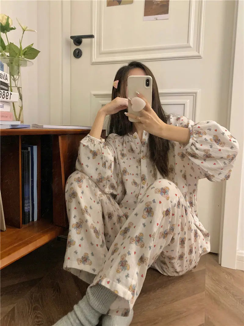 Bxoxo Women's Sweet Cute Pajamas Set Female Korean Style Home Clothing Girl Bear Foral Print Sleepwear Long Sleeve Pant Nightwear 2XL