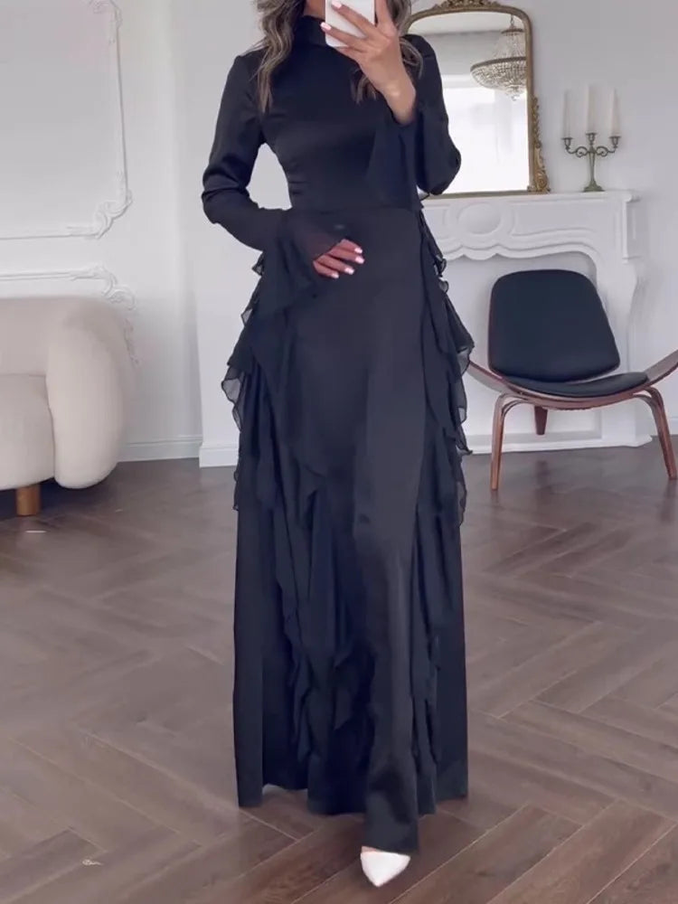 BXOXO Elegant Long Sleeved Ruffled Round Neck Maxi Dress For Women's Spring New 2025 Party Club Evening Dress Slim Vestidos