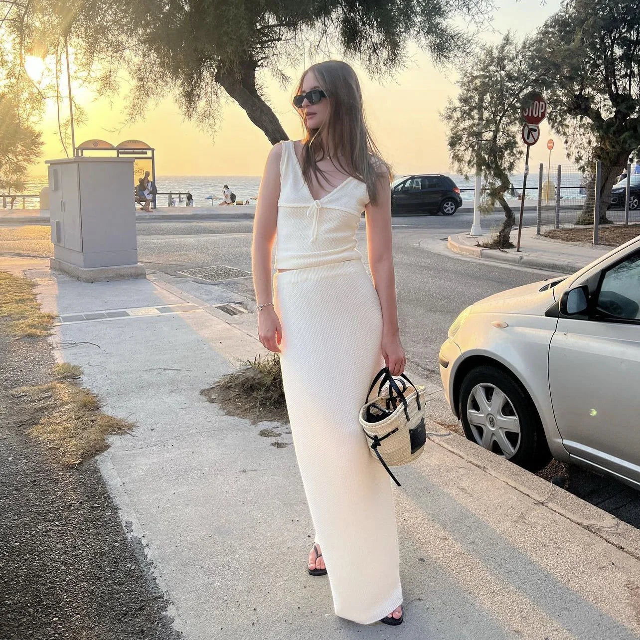 Bxoxo Knitted Deep V-neck Bow Women Crop Top Blue Patchwork Spaghetti Strap Tank Top Female Spring Slim Casual Streetwear 2024