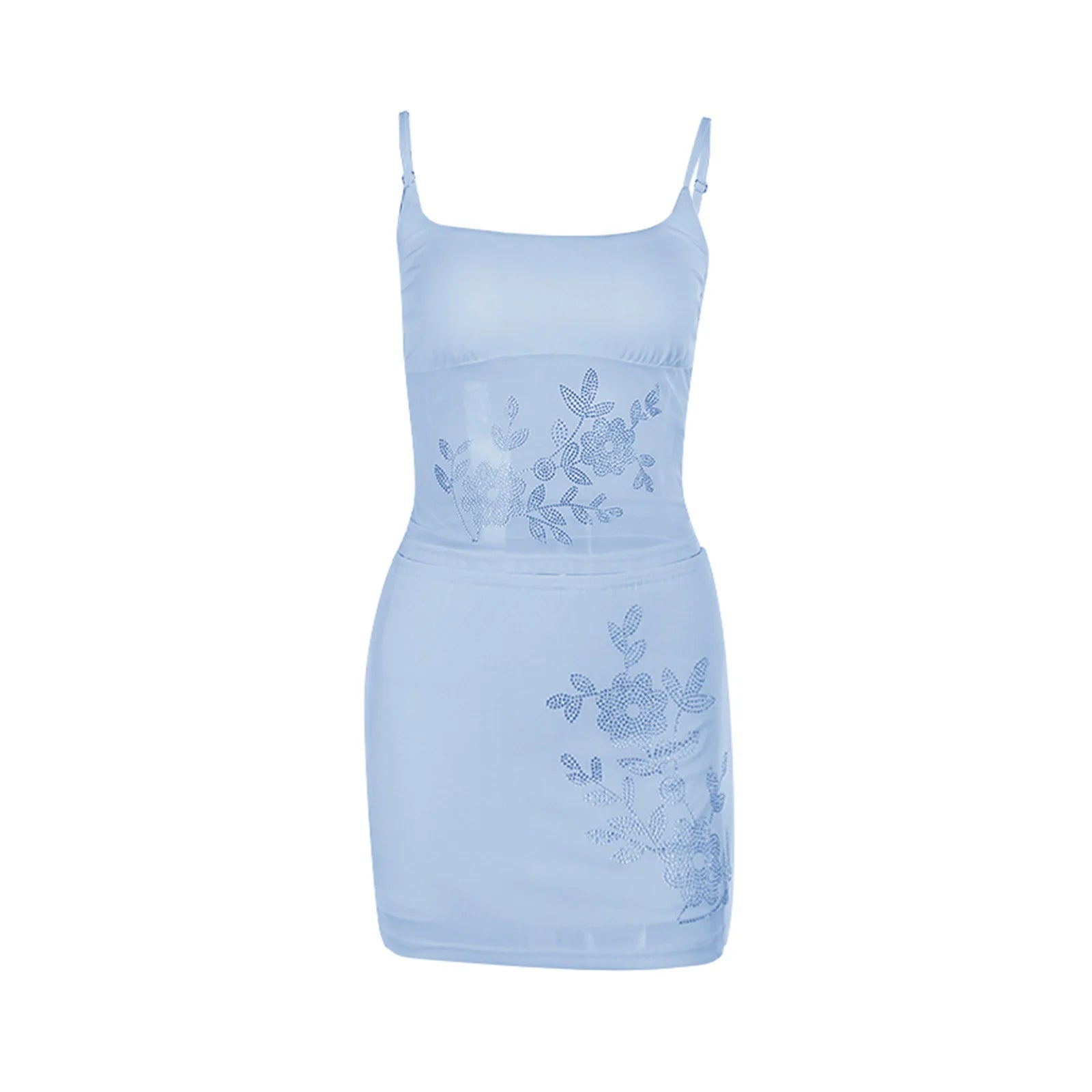BXOXO Women Summer 2 Piece Skirt Set Rhinestone Flower Scoop Neck Crop Spaghetti Strap Tops Low Rise Mini Bodycon Skirt
