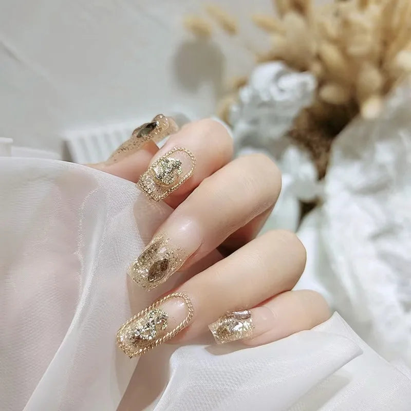 BXOXO 24Pcs Luxury Fake nail tips Women Wearable Press on Nails with Gold Glitter Diamond Full Cover Coffin Artificial Nails Tips