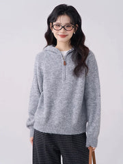 Bxoxo Korean Vintage Gray Sweaters Women Long Sleeve Casual Simple Knitted Hooded Jumper Retro Loose All Match Female Fall Winter Tops