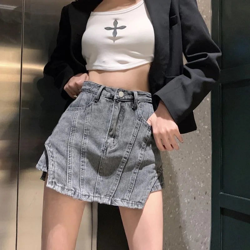 Bxoxo Summer New Irregular Denim Shorts Skirt Female Y2K Street Fashion High Waist Plus Size Slim Bag Hip Skirt Pants Exposed A Shorts