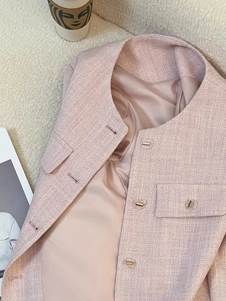 Bxoxo Elegant Women Pink Blazer Coat Sweet Long Sleeve Fashion Slim Suit Jacket Korean Chic O Neck Female Fall Winter Casual Outwear