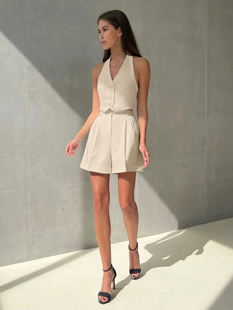 Bxoxo Spring Summer Women Office Shorts Suit Set Solid Khaki Sleeveless Halter Outfit 2 Piece Matching Sets For Women