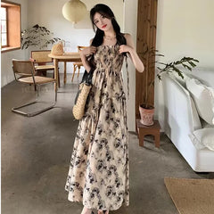 BXOXO Summer New Sweet Elegant Halter Dress Slash Neck Floral High Waist Pleats Long Dress Patchwork Holiday Style Boho Dress