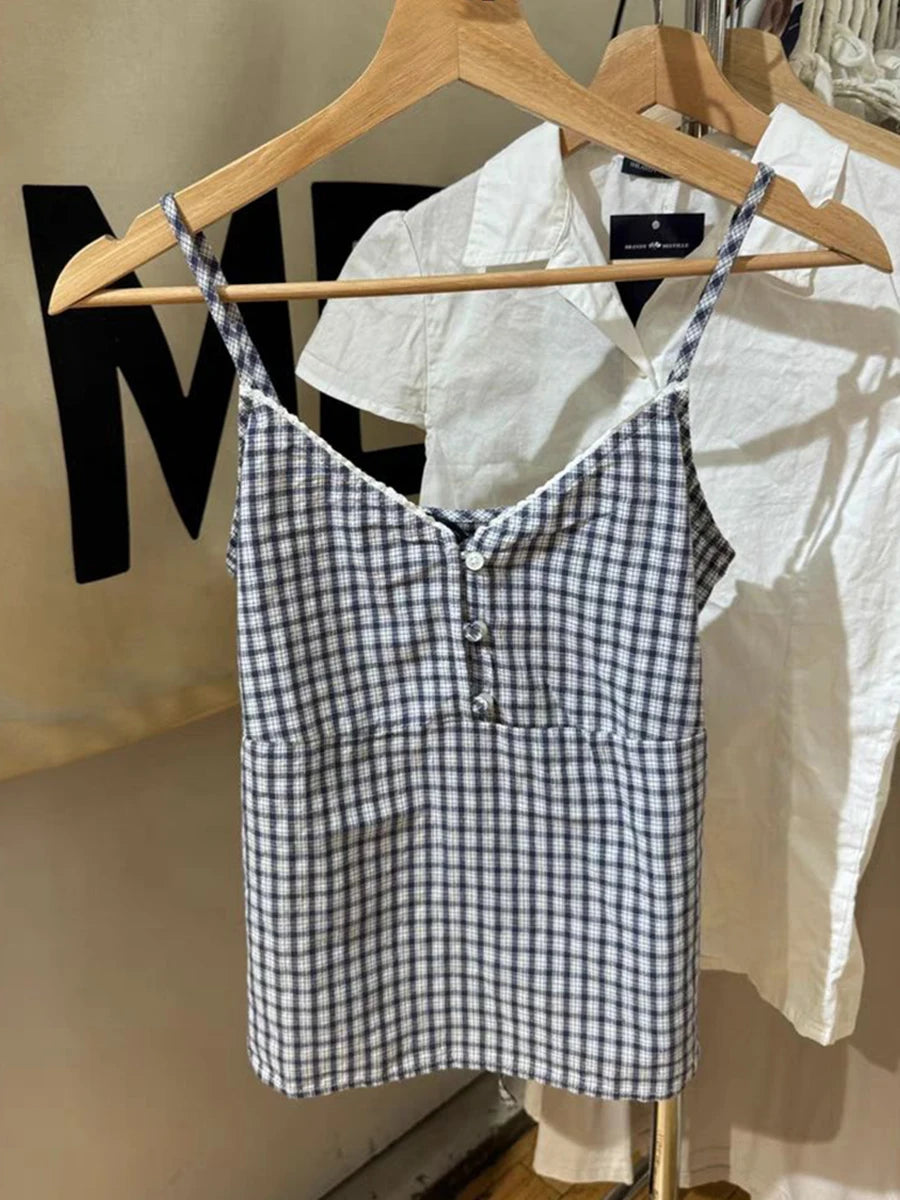 BXOXO Vintage Navy Plaid Tank Top Woman Lace Trim V-neck Buttons Back Lace-up Cotton Camis Summer Casual Streetwear Sweet Slim Vest