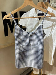 BXOXO Vintage Navy Plaid Tank Top Woman Lace Trim V-neck Buttons Back Lace-up Cotton Camis Summer Casual Streetwear Sweet Slim Vest