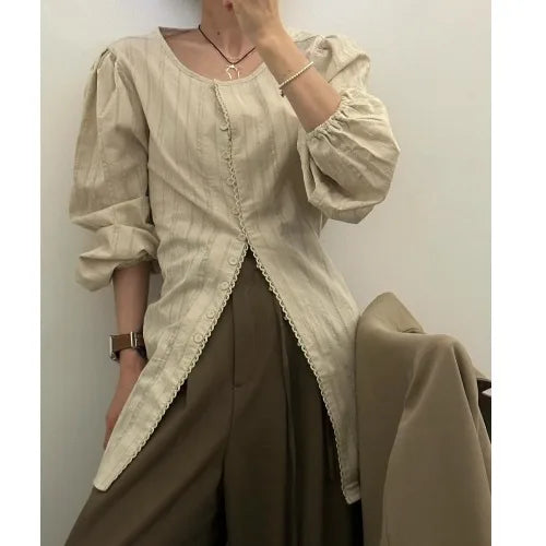 Bxoxo Chic Long Sve Embroidered Button Trim Striped irt Women's Faion Cotton 00% Versatile Sle Spring Collection