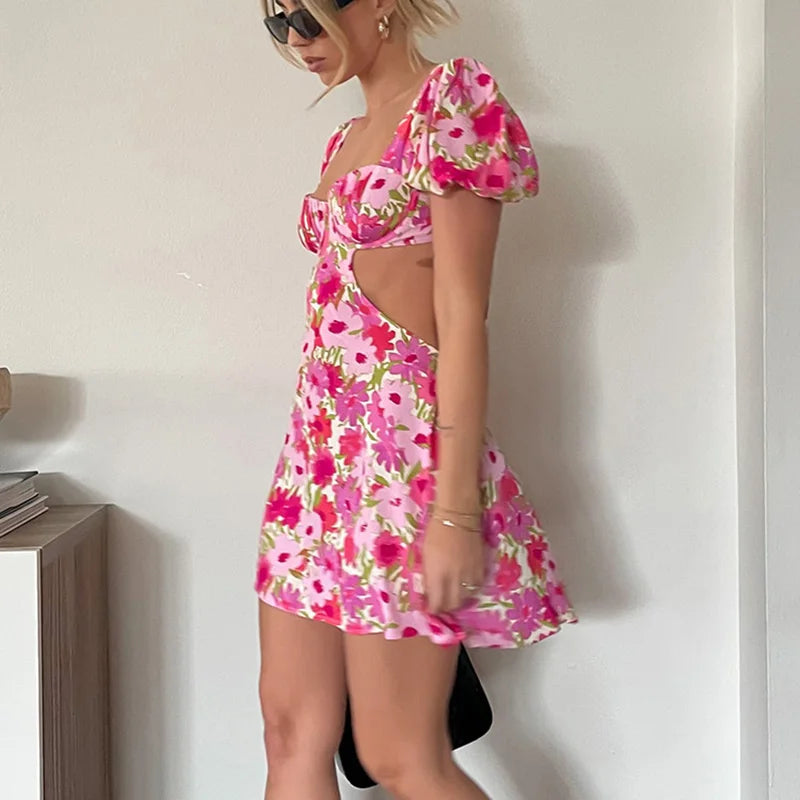 BXOXO Summer Beach Boho Floral Print Mini Dress Sexy Hollow Out Backless Bandage A-line Dresses Chic Women Puff Sleeve Party Bodycon