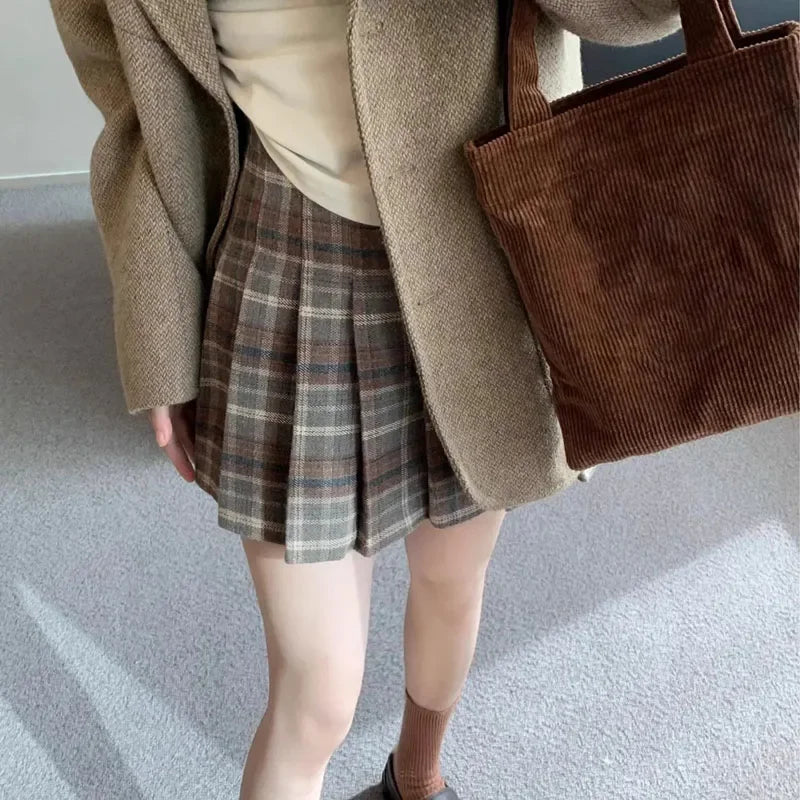 BXOXO Preppy Style Plaid Pleated Skirt Women Fall Winter High Waist Woolen Mini Skirt Japanese School Uniforms Kawaii Y2K Jk Skirts