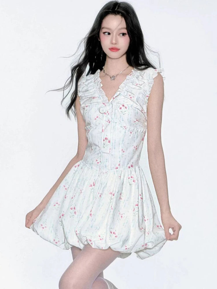 BXOXO Floral V Neck Sexy Dress Women Casual Elegant Sleeveless Mini Dress Vintage Lace Up Female Korean Summer Beach Style Dress